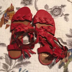 Red leather braided strap sandals